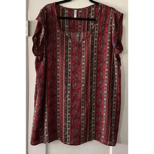 PIPHANY Red 2X Paisley Floral Top Blouse Fair Isle Cap Sleeve Feminine Vibrant